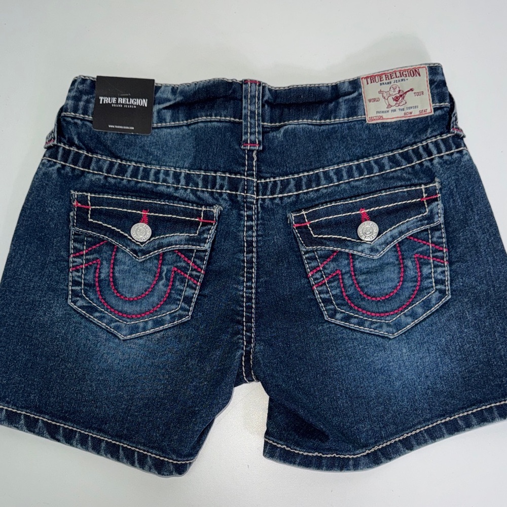True Religion Dark Wash Denim Kids Shorts Contrast Stitching Sz 10 girls NWT